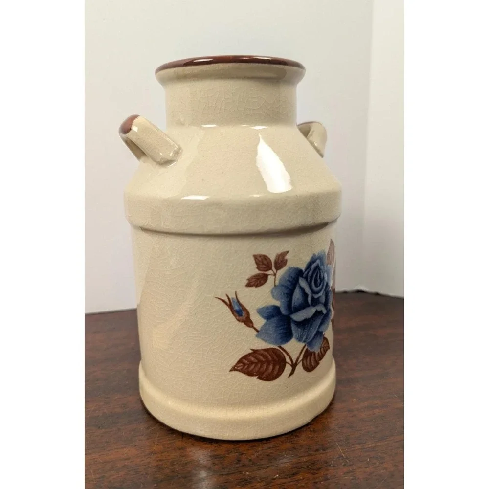 Vintage Farmhouse Ceramic MILK Canister Blue Rose Crackle Glaze Crock 7in